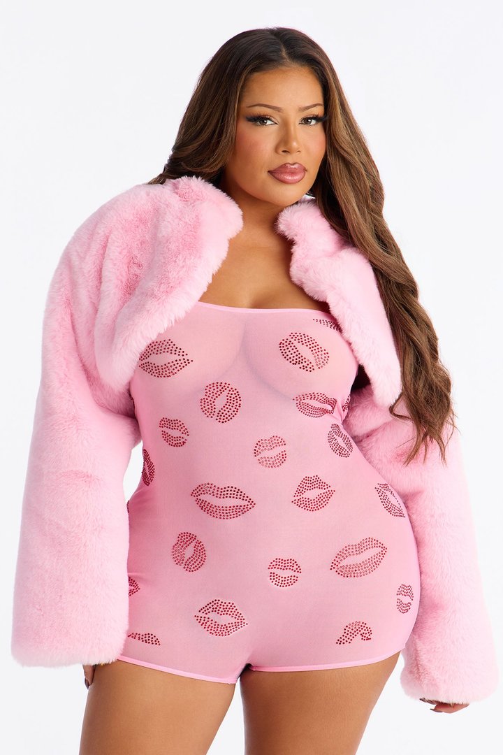 Lip Lover Rhinestone Mesh Romper With Bolero - Pink/combo