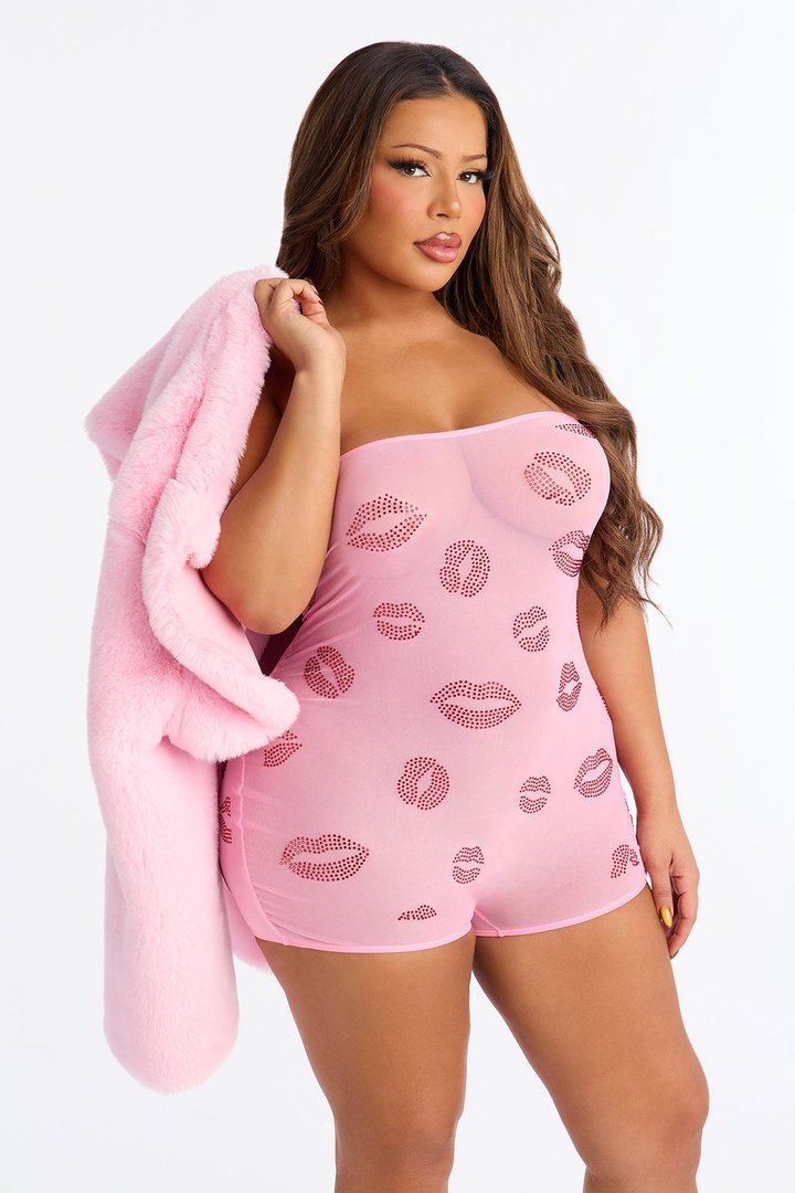Lip Lover Rhinestone Mesh Romper With Bolero - Pink/combo