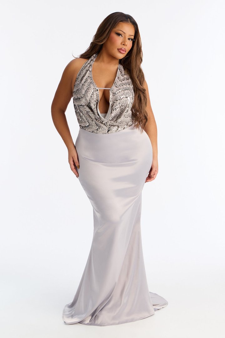 Revina Sequin Satin Gown - Silver