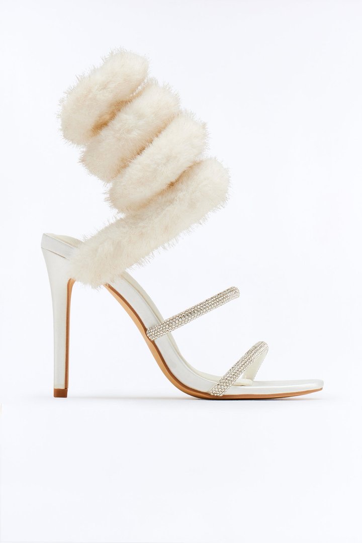 Haughty Faux Fur Wrap Up Heels - Beige