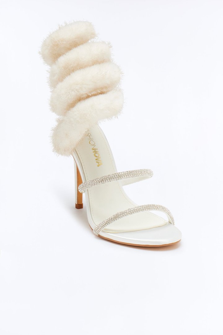 Haughty Faux Fur Wrap Up Heels - Beige