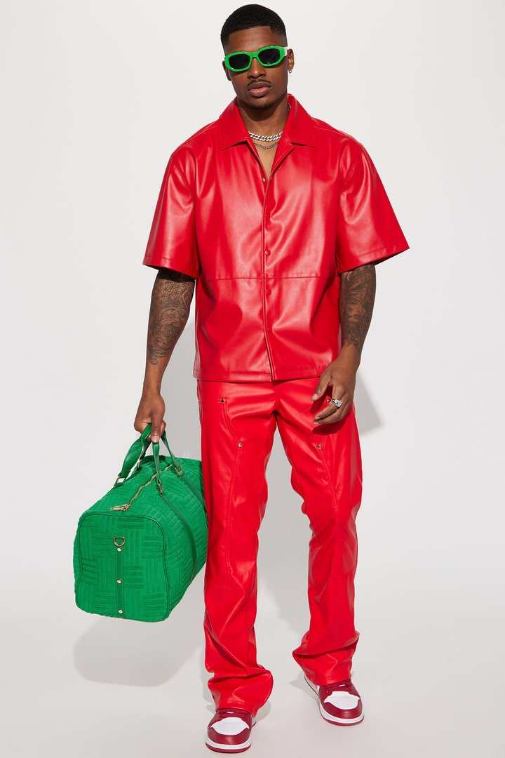 Slam Dunk Faux Leather Short Sleeve Button Up - Red