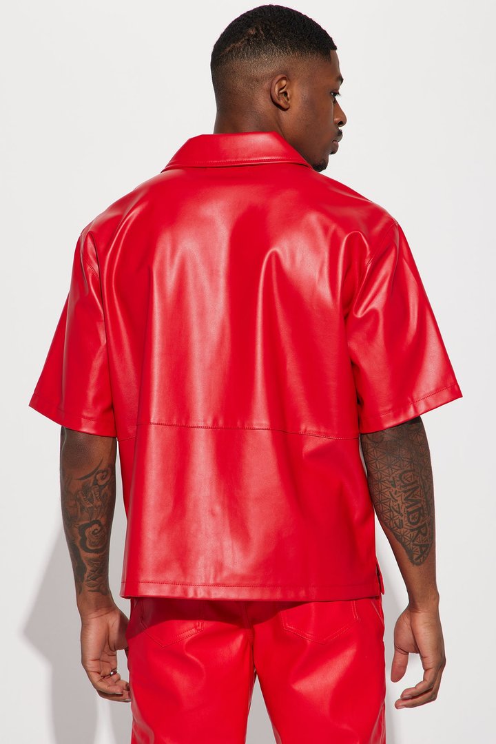 Slam Dunk Faux Leather Short Sleeve Button Up - Red