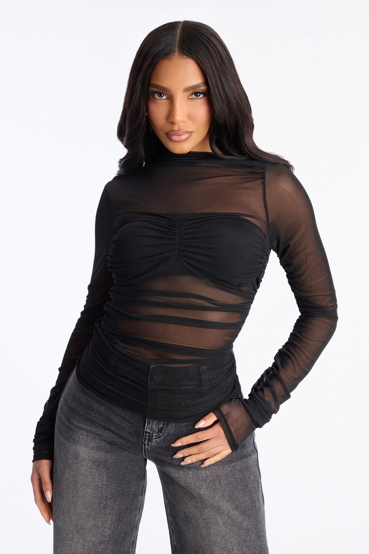 See Right Through You Ruched Mesh Long Sleeve Top - Black