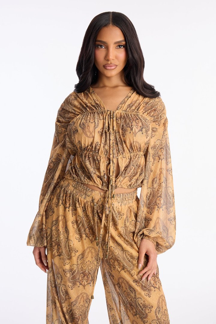 Petra Paisley Mesh Pant Set - Mustard