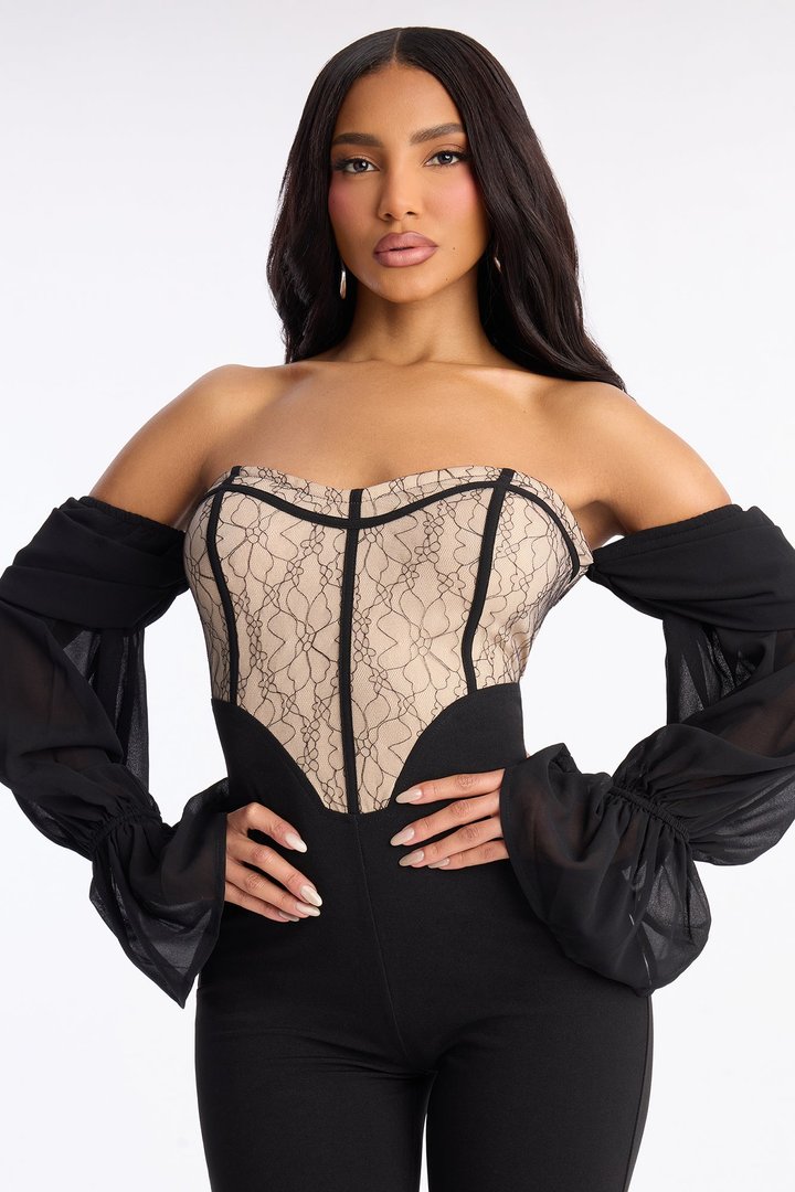 Janelle Lace Trim Flare Leg Jumpsuit - Black