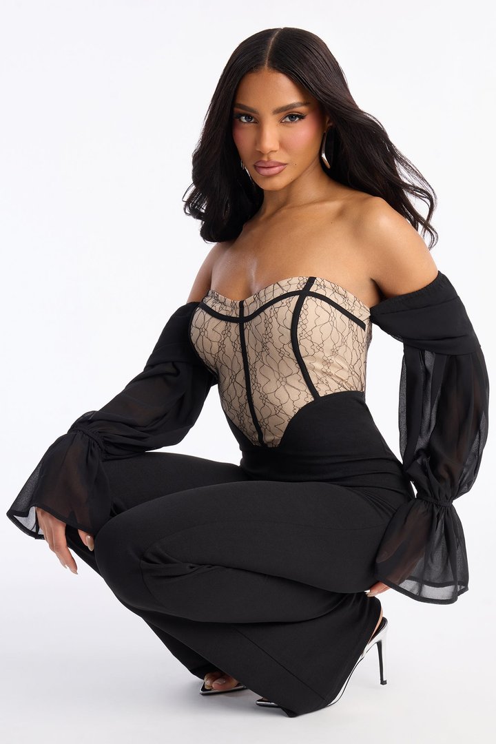 Janelle Lace Trim Flare Leg Jumpsuit - Black
