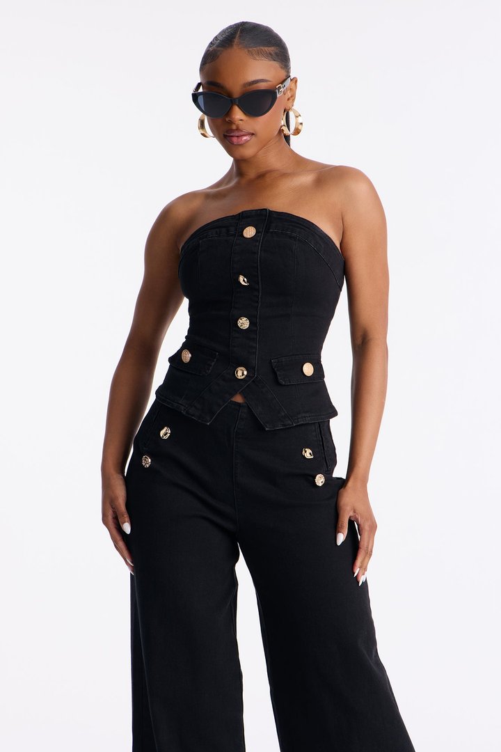 Colette Strapless Denim Pant Set - Black