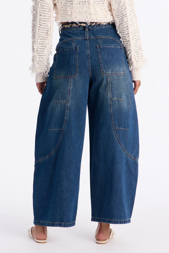 Euro Trip Belted Barrel Leg Jeans - Dark Wash