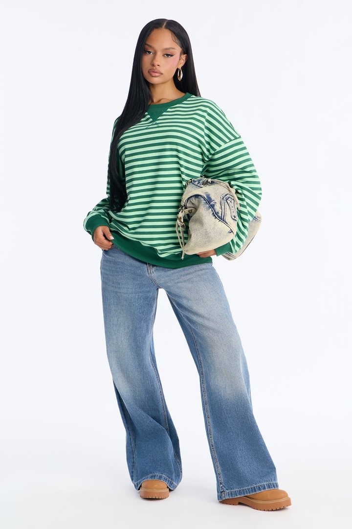 Off Duty Striped Crew Neck Long Sleeve Top - Mint/combo