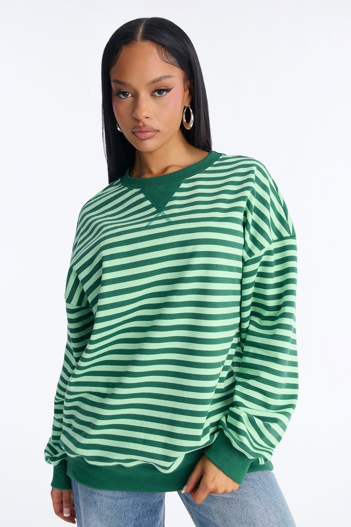 Off Duty Striped Crew Neck Long Sleeve Top - Mint/combo