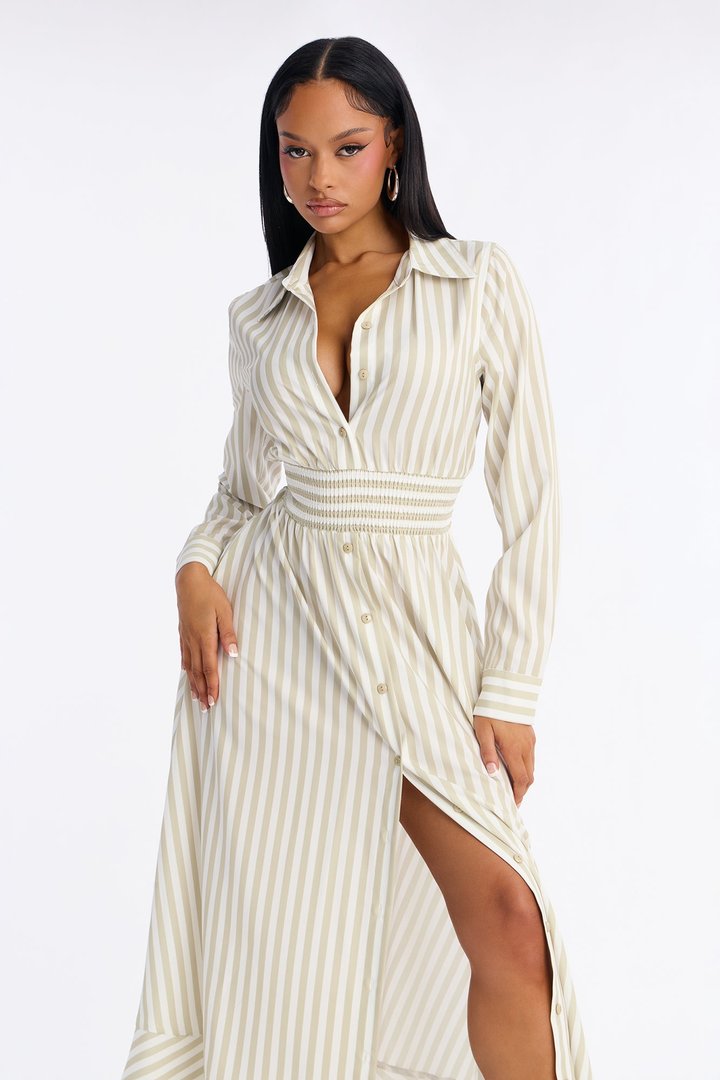 Alison Striped Maxi Shirt Dress - Khaki/combo