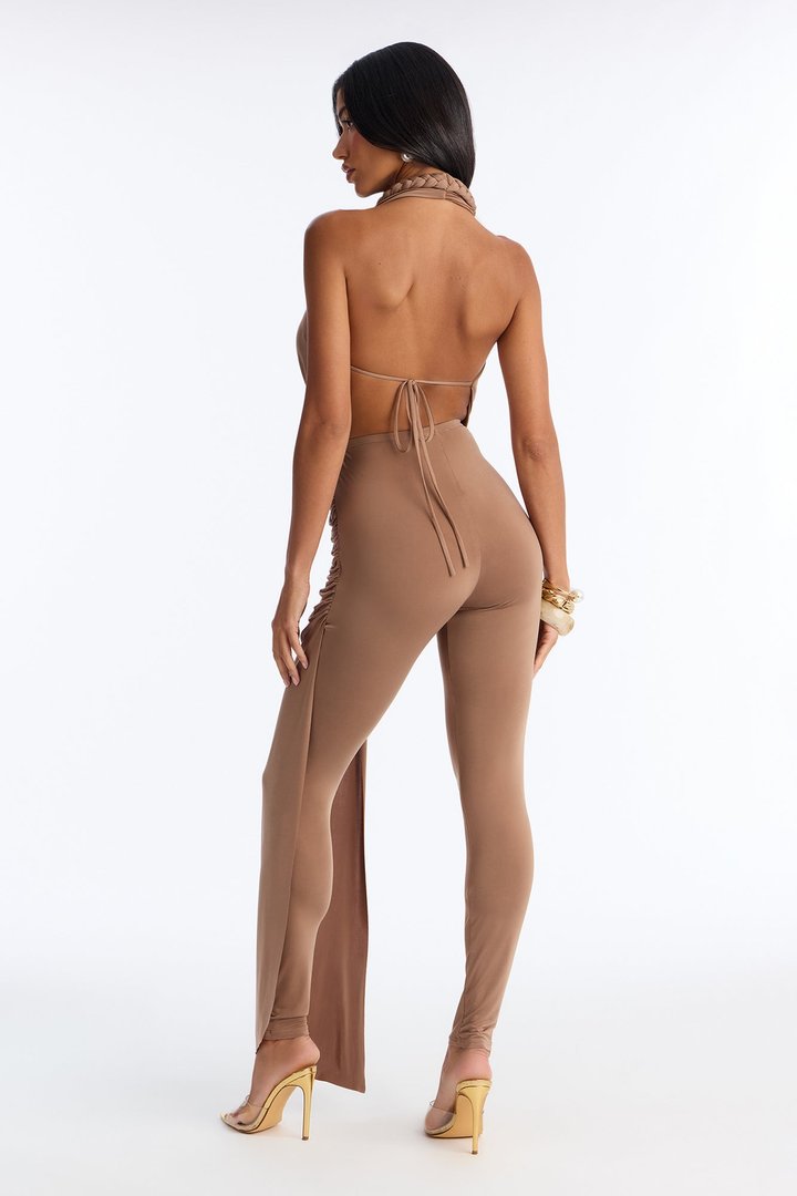 Lara Backless Draped Catsuit - Mocha