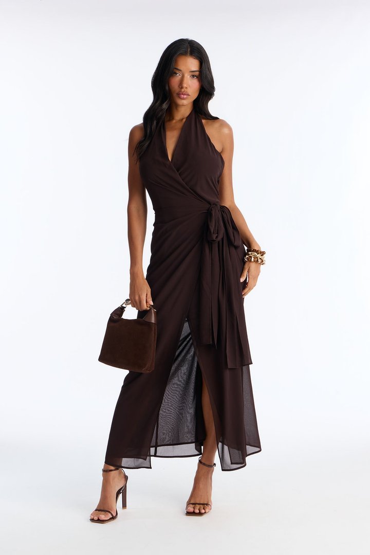Allyson Chiffon Wrap Maxi Dress - Chocolate