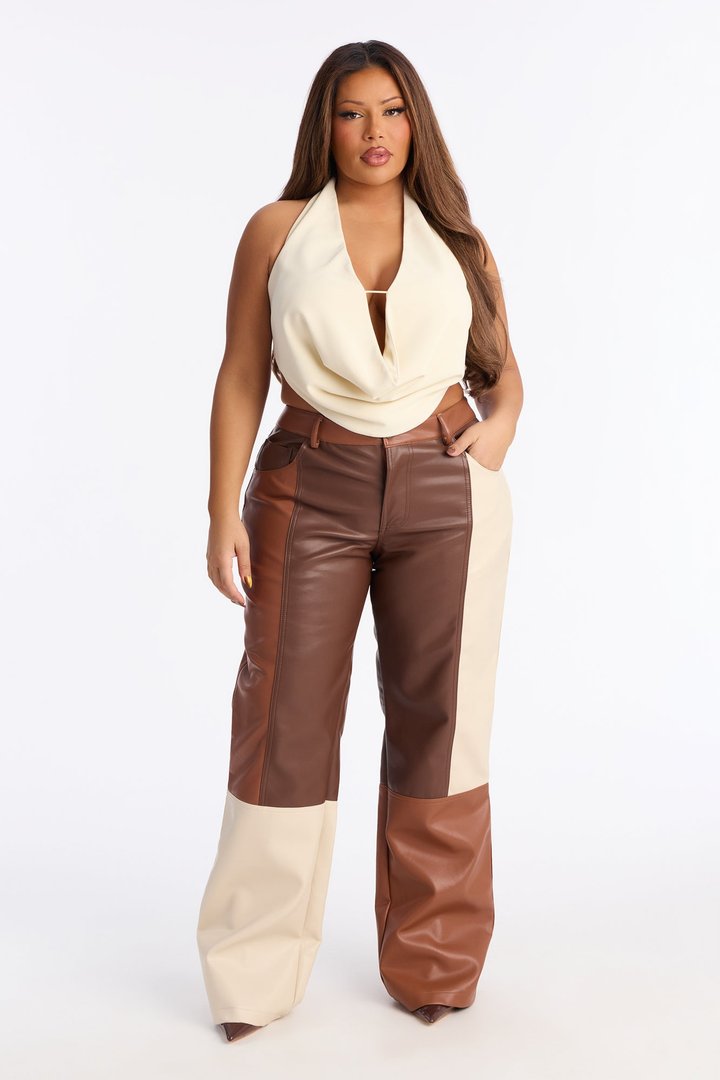 Mixed Feelings Faux Leather Straight Leg Pant 32″ - Brown/combo