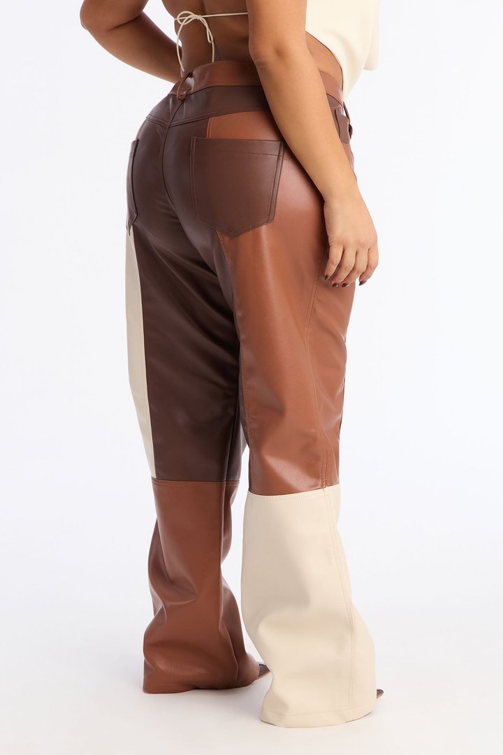Mixed Feelings Faux Leather Straight Leg Pant 32″ - Brown/combo