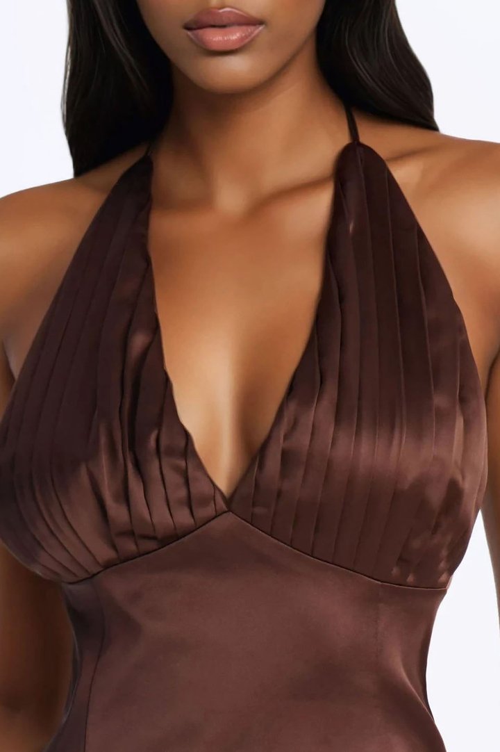 Highly Addictive Pleated Lace Up Satin Halter Top - Chocolate