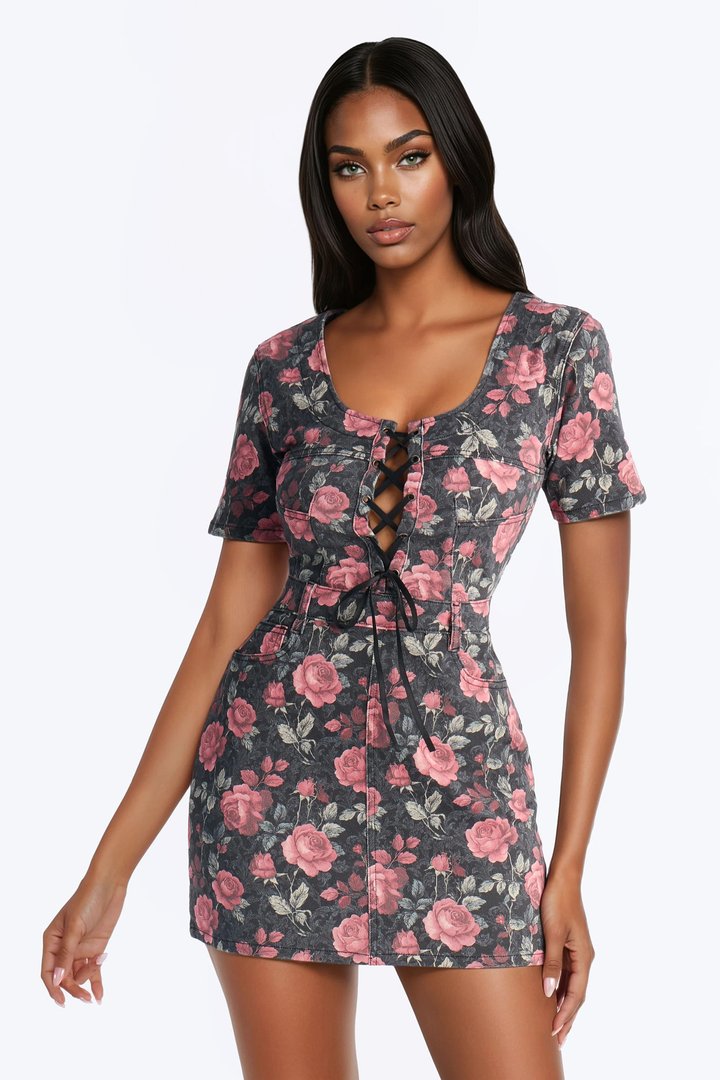 Garden Of Love Floral Denim Mini Dress - Black/Pink