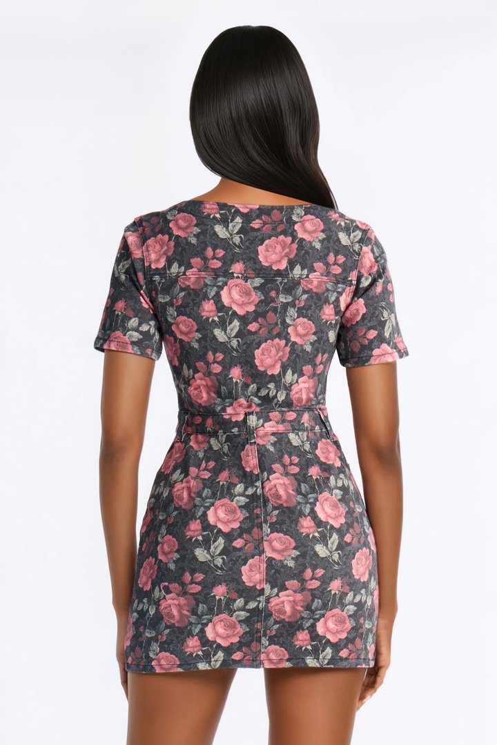 Garden Of Love Floral Denim Mini Dress - Black/Pink
