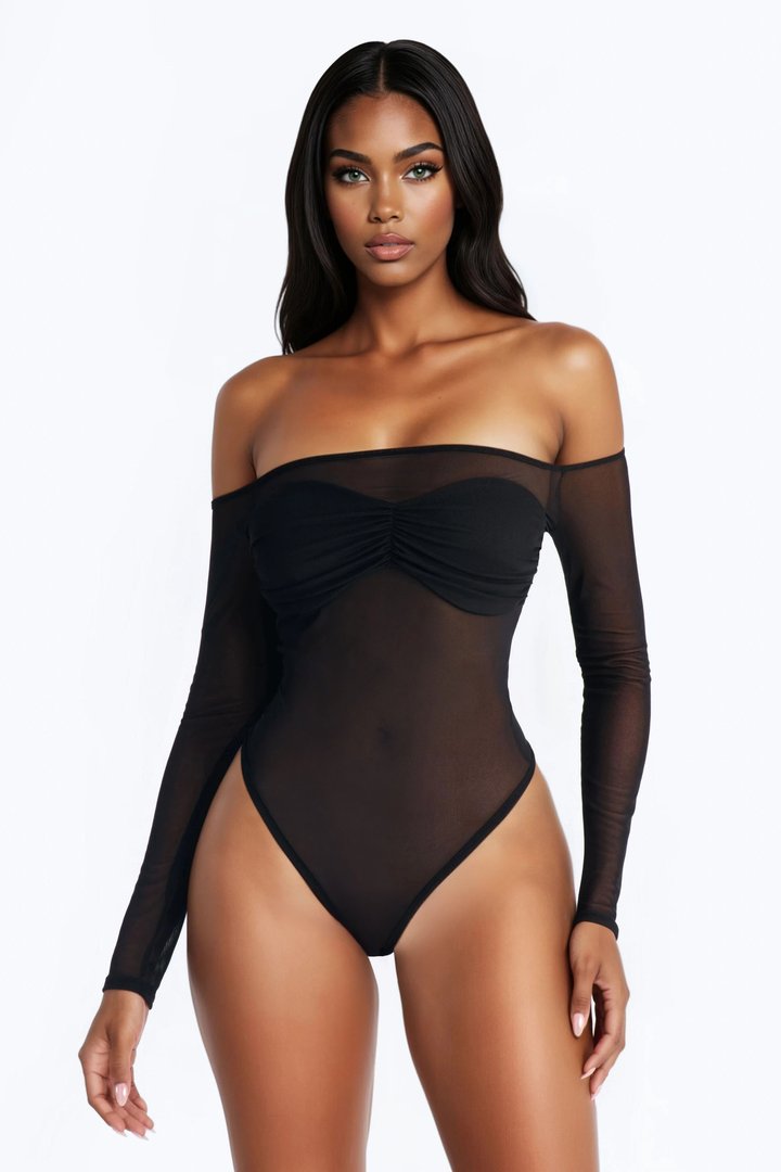 Jenni Sheer Mesh Off Shoulder Long Sleeve Bodysuit - Black