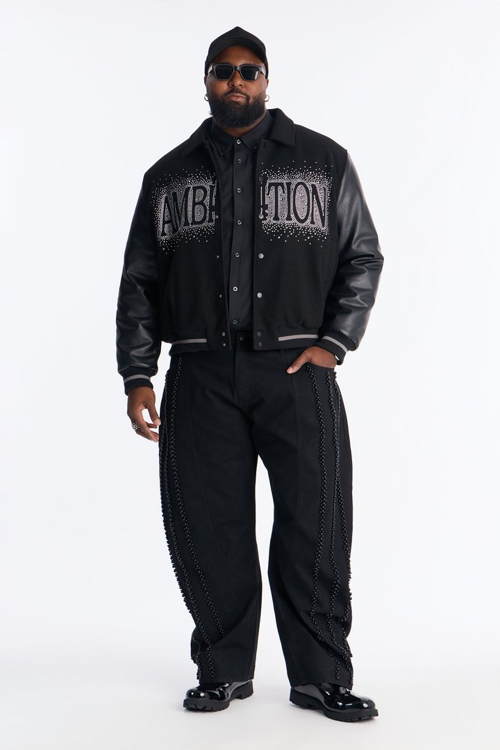 Ambition Crystal Collared Varsity Jacket - Black