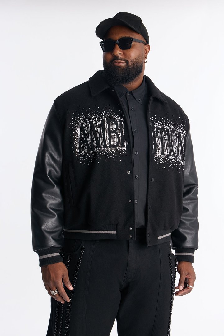 Ambition Crystal Collared Varsity Jacket - Black