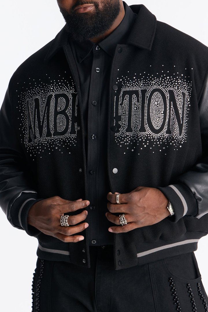 Ambition Crystal Collared Varsity Jacket - Black