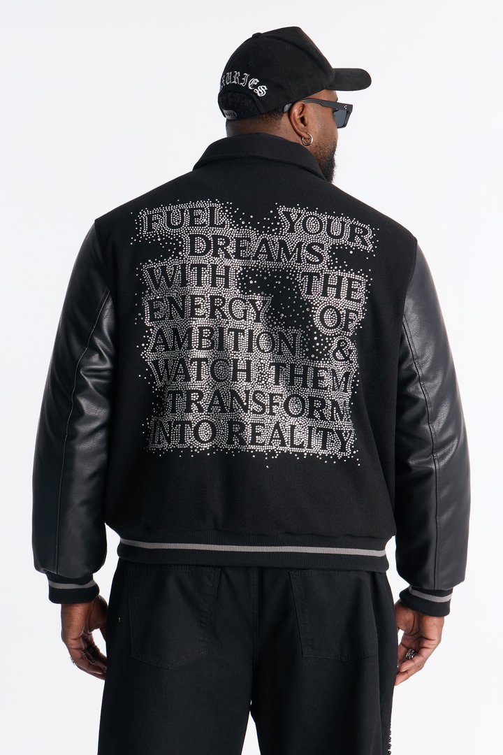 Ambition Crystal Collared Varsity Jacket - Black