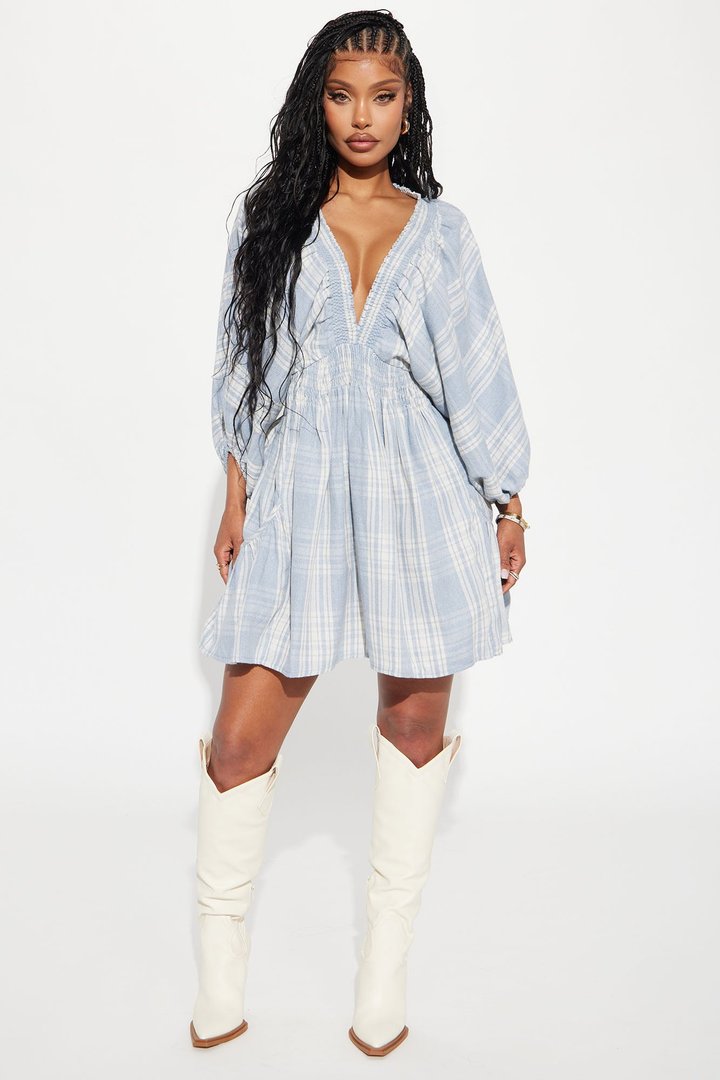 Countryside Cutie Plaid Mini Dress - Blue