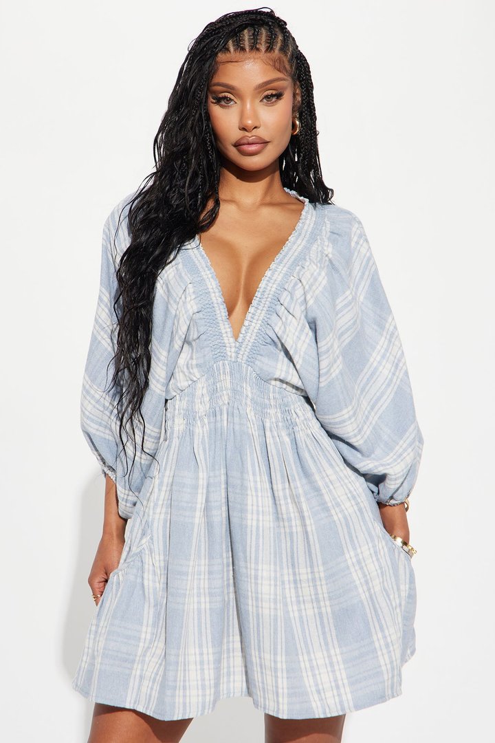 Countryside Cutie Plaid Mini Dress - Blue