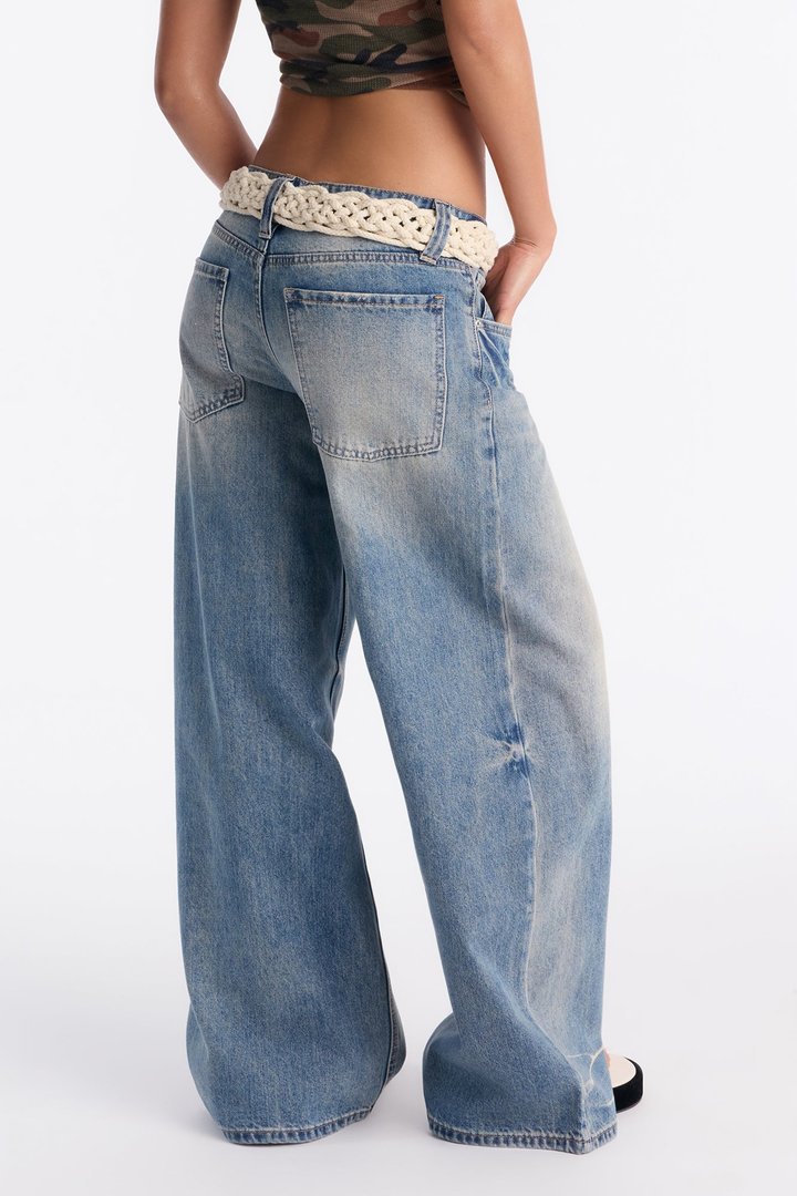 Panama Crochet Belted Baggy Jeans - Vintage Wash