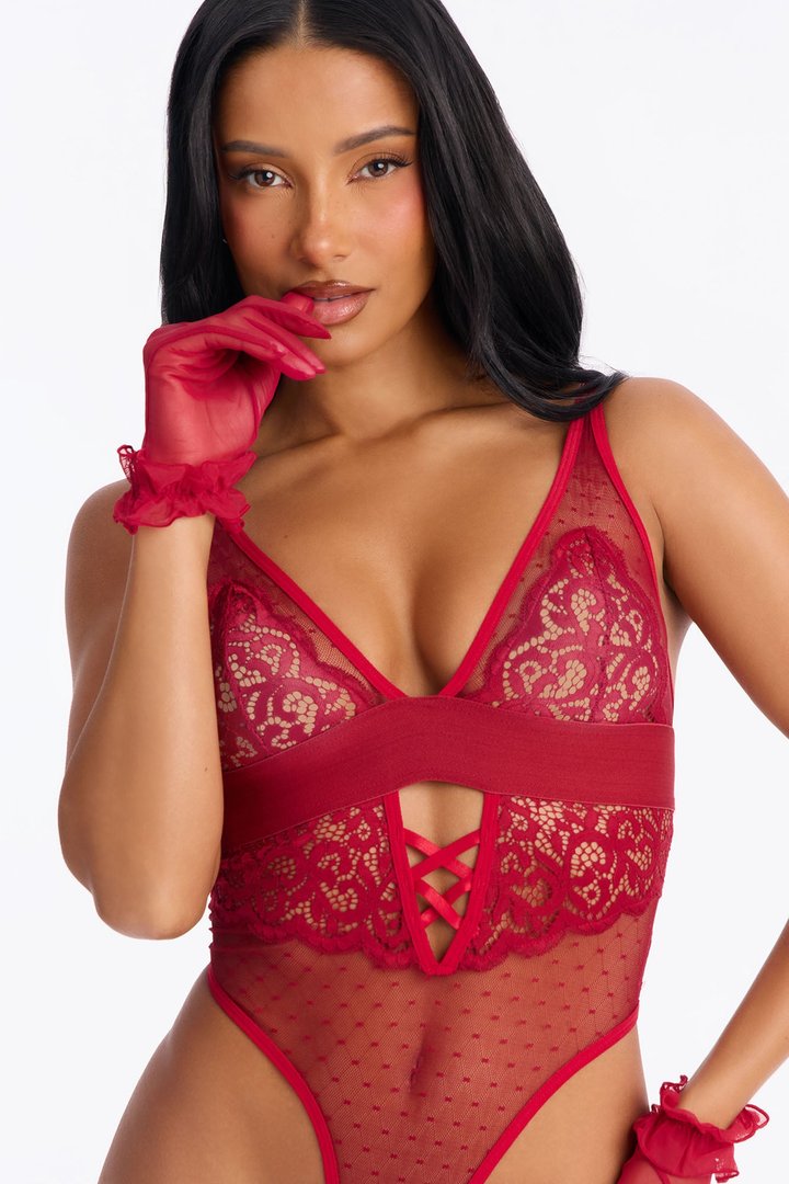 Soft Sinner Mesh Lace Teddy With Gloves - Burgundy
