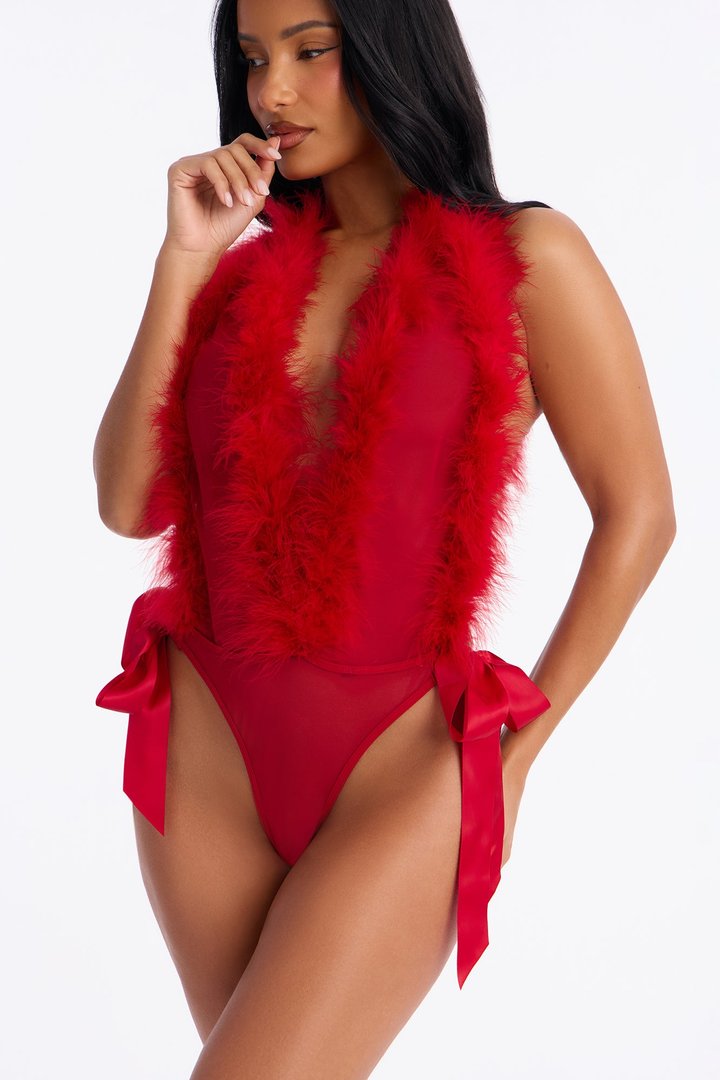 Love Me Down Mesh Marabou Teddy - Red