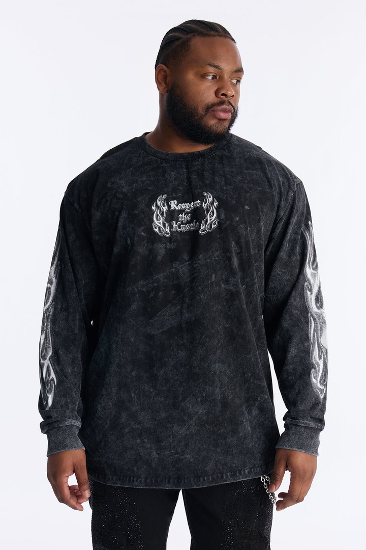 Respect The Hustle Long Sleeve Tee - Black Wash