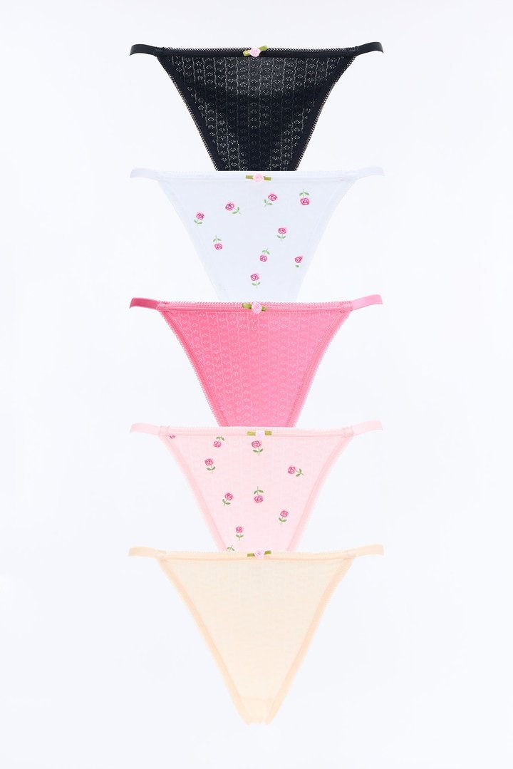 Pretty Trouble 5 Pack Pointelle Thong Panties - Pink/combo