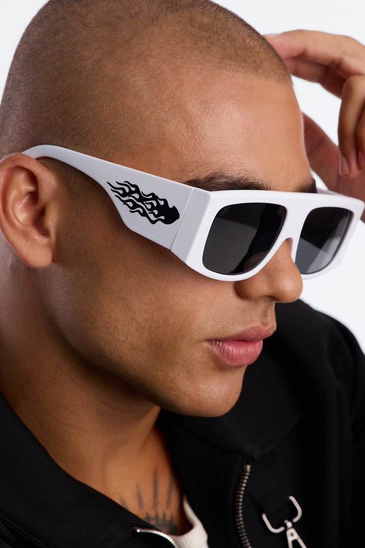 Metallic Flames Flat Top Square Frame Sunglasses - White/Black