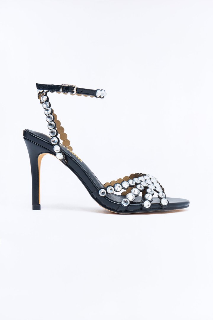Look Back Rhinestone Heeled Sandals - Black