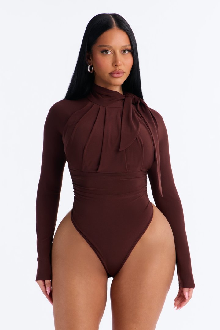 City Dreams Tie Neck Long Sleeve Bodysuit - Chocolate