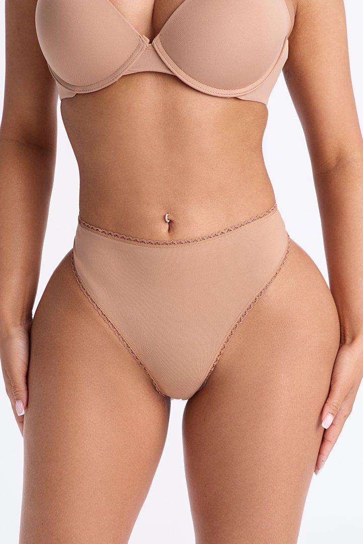 Let Me Live Lace Trim Thong Panty - Tan