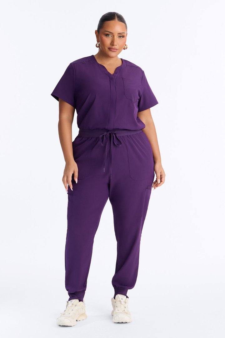Full Shift Stretch Jogger Scrub Uniform Jumpsuit - Eggplant