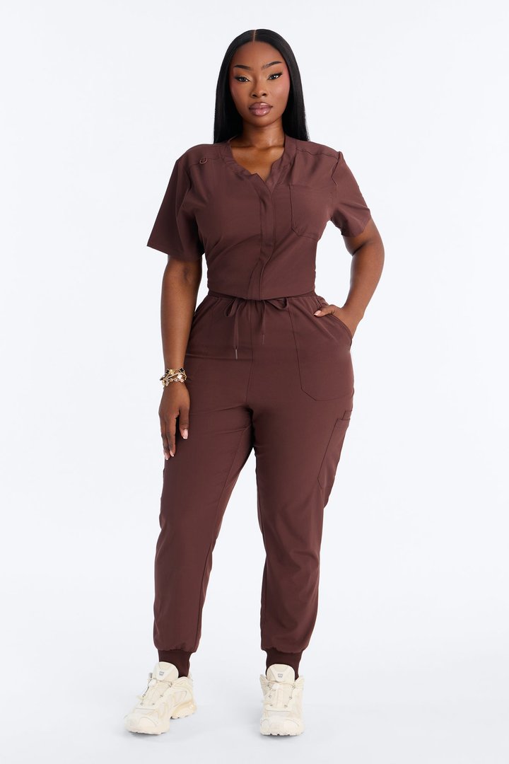 Full Shift Stretch Jogger Scrub Uniform Jumpsuit - Espresso