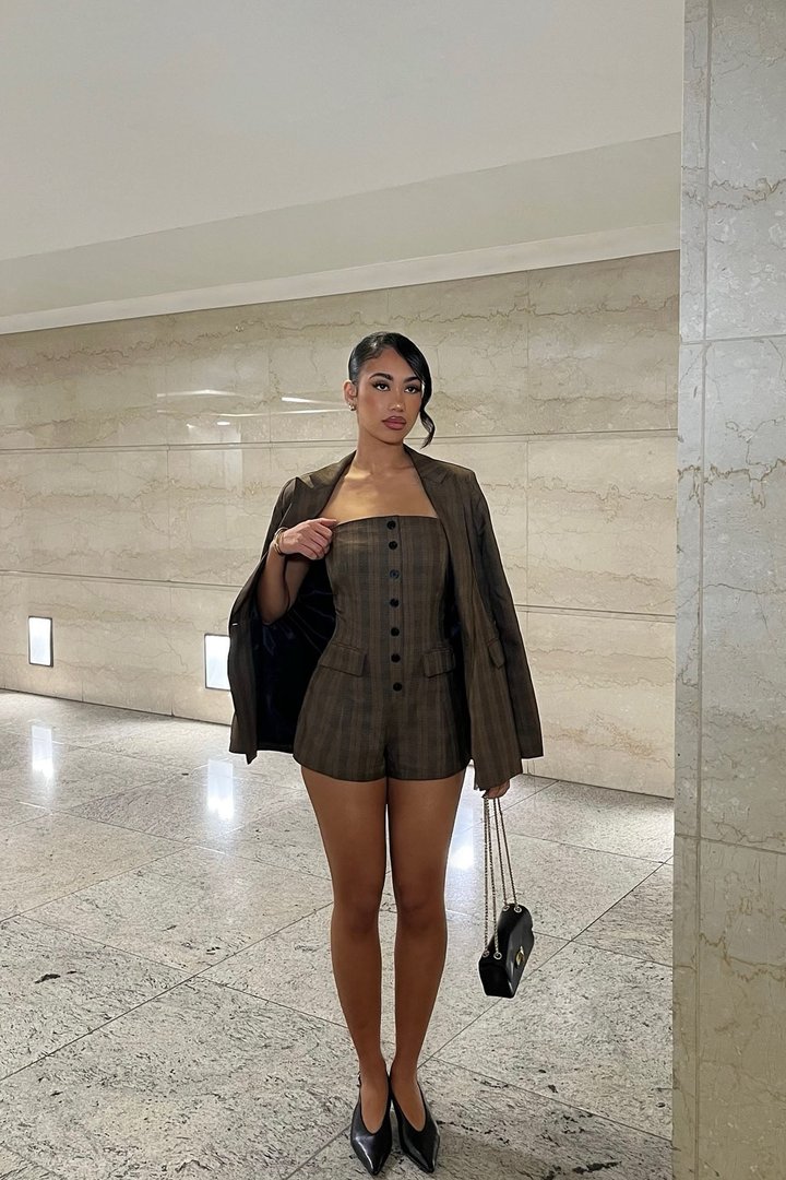 Check The Fax Blazer Romper Set - Brown/combo