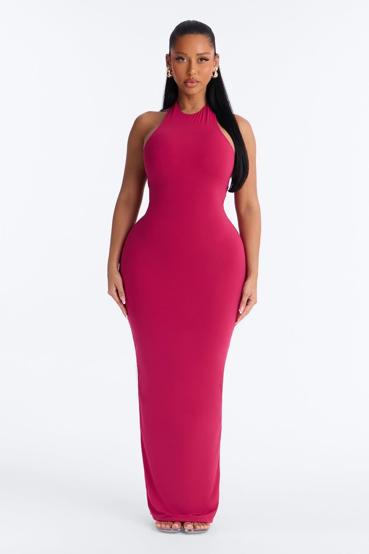 Second Skin Bra Pad Sleeveless Halter Maxi Dress - Raspberry