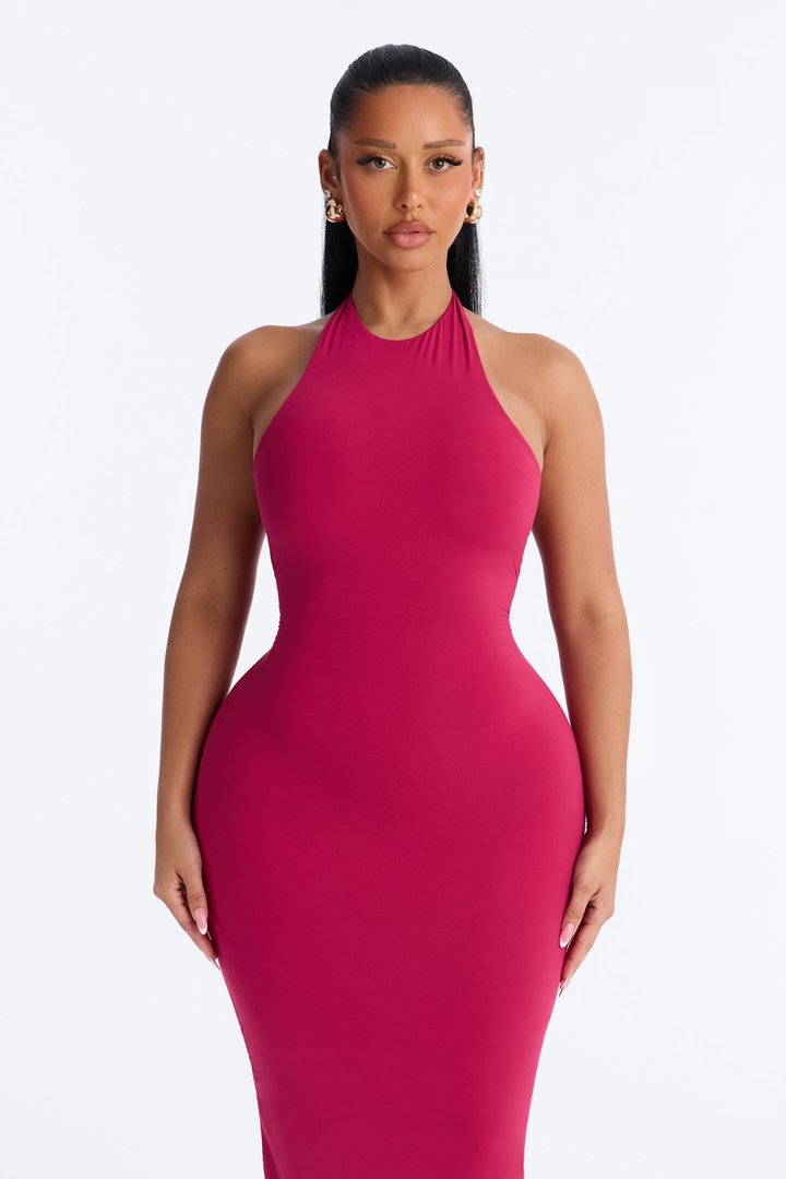 Second Skin Bra Pad Sleeveless Halter Maxi Dress - Raspberry