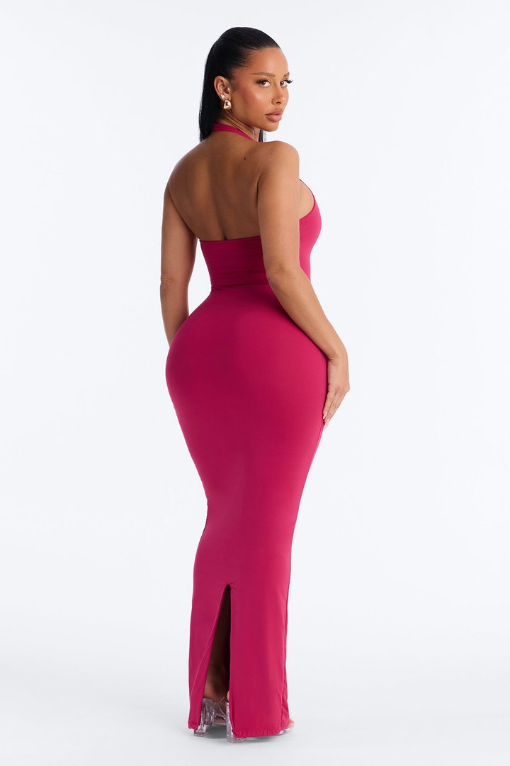 Second Skin Bra Pad Sleeveless Halter Maxi Dress - Raspberry