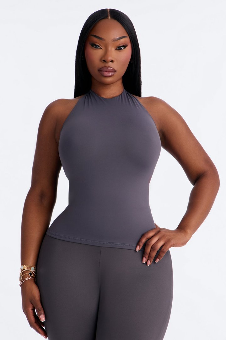 Second Skin Bra Pad Sleeveless Halter Top - Charcoal