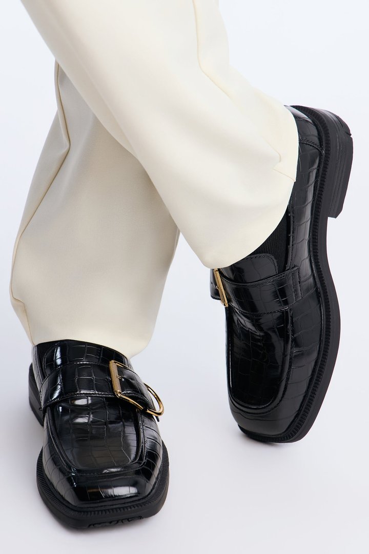 Buckled Croc Faux Leather Slip On Loafer - Black