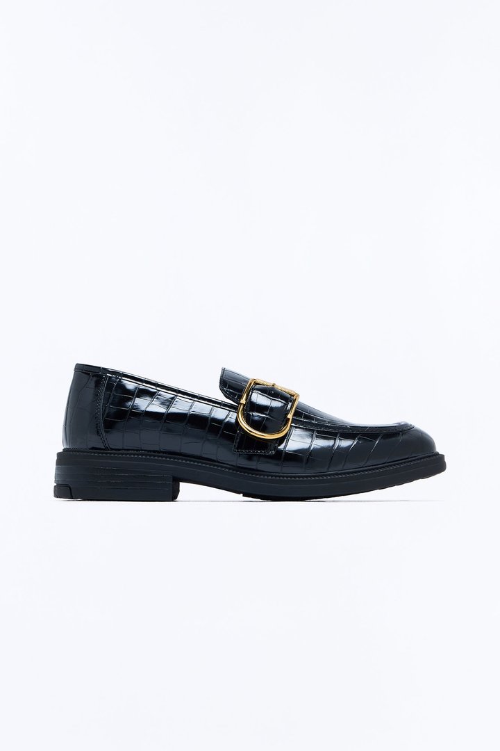 Buckled Croc Faux Leather Slip On Loafer - Black