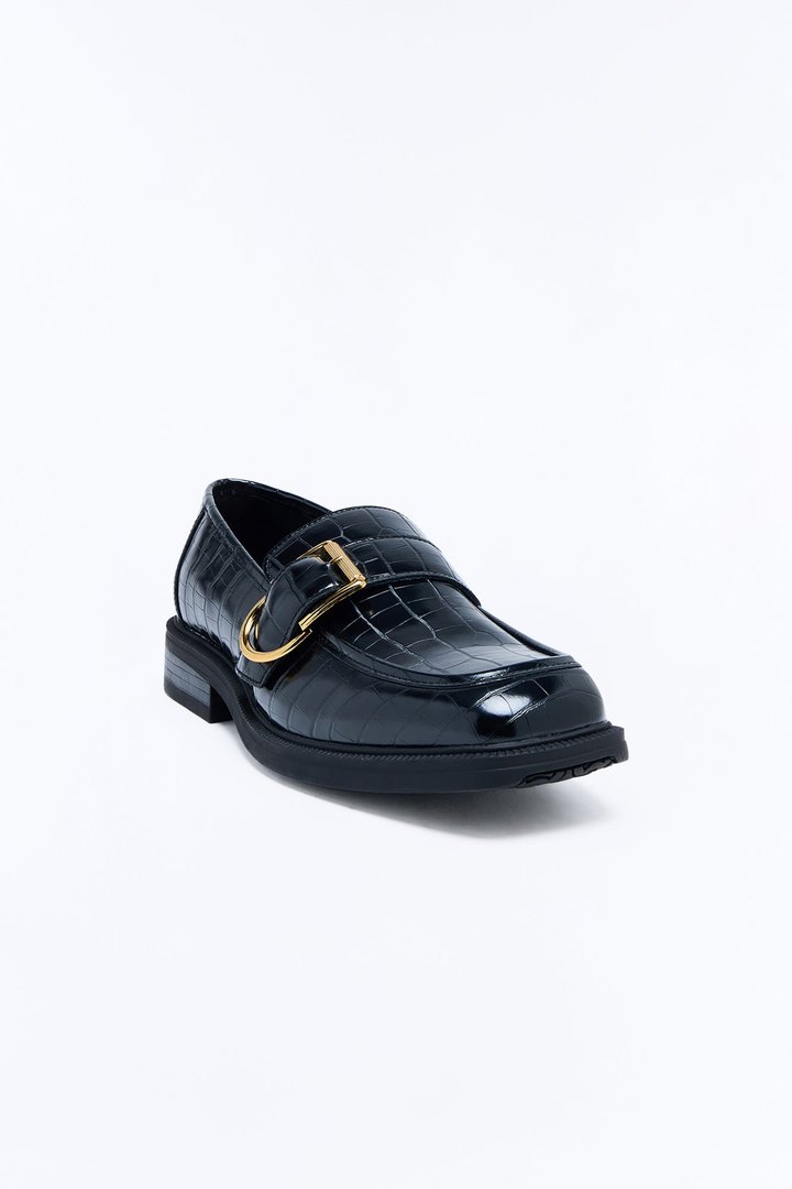 Buckled Croc Faux Leather Slip On Loafer - Black