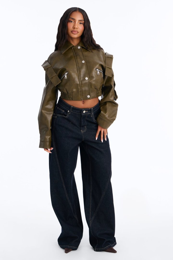 Harper Washed Faux Leather Jacket - Olive